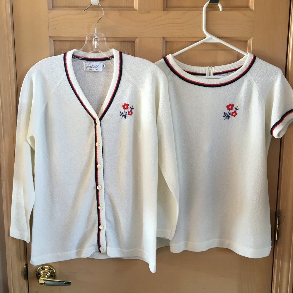 Talbots Knit Cardican Sweater Set w/Striped Trim - Size M